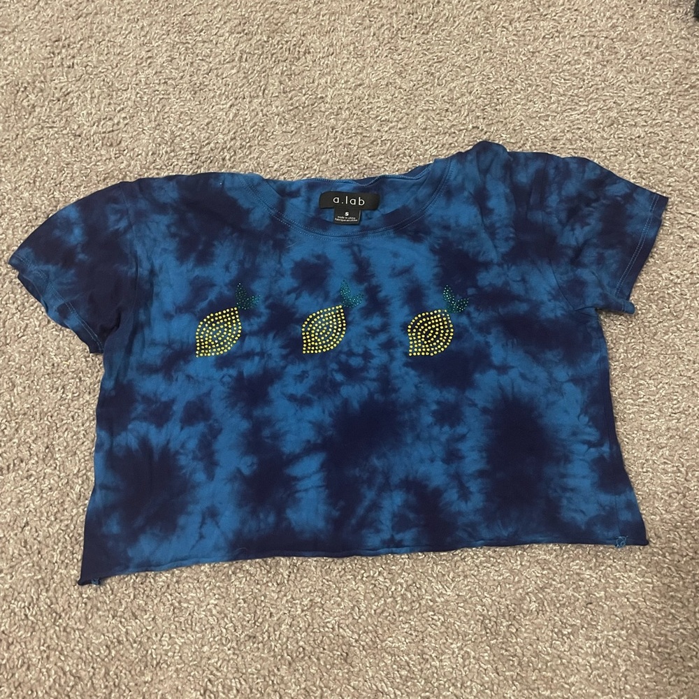 blue tie dye crop top with bedazzled lemons on the front